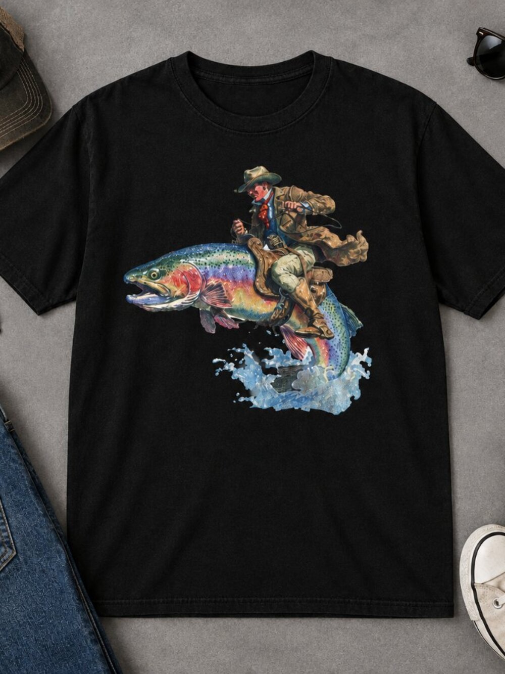 Cowboy Riding Rainbow Trout Funny Western Fishing Graphic Tee